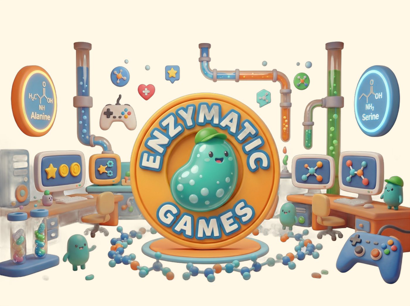 Mascota de Enzymatic Games rodeada de moléculas, tubos de laboratorio y controles de videojuego